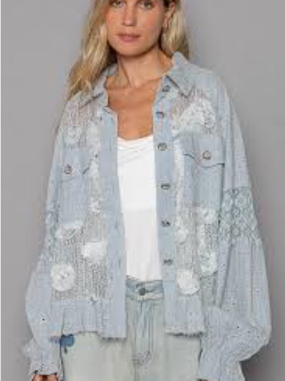 POL Light Blue Lace Panel Button-Down Shirt Jacket